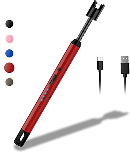 Rouclo Accendino Elettrico USB, Accendino Lungo per Candele Accendigas USB Ricaricabile con Indicatore della Batteria, Accendino Arco Elettrico per Accendere Candele, Stufe, Barbecue(Rosso)
