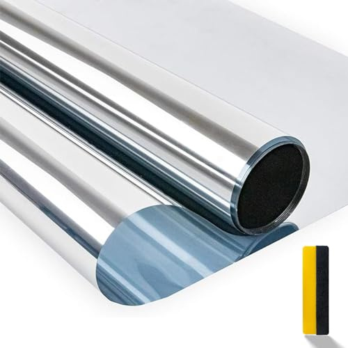 Zindoo Hitzeschutzfolie Fenster Sonnenschutzfolie Silber 59.5 x 300 cm | UV-Schutz Fensterfolie, Wärmeschutz, Spiegelfolie mit Sichtschutz tagsüber für Wohnzimmer, Büro, Wintergarten und Glastüren