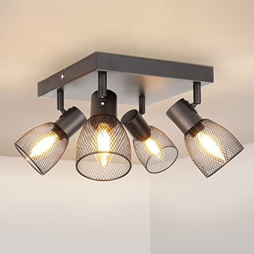Dehobo LED Deckenstrahler Schwenkbar 350°, Deckenstrahler 4 Flammig E14 Strahler Deckenleuchte Spot Schwarz, Deckenlampe Industrial Quadrat für Küche, Wohnzimmer, Schlafzimmer, Nein E14 Leuchtmittel
