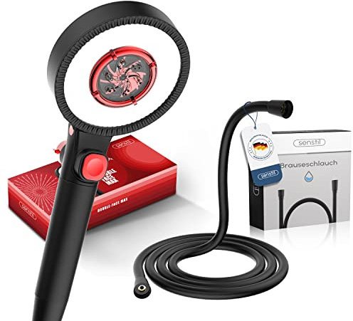 senstil® Double-Face Max Duschkopf mit Duschschlauch 1.6m | bis zu 60% wassersparende Handbrause | 3 Strahl Modi | Optimaler Wasserdruck, Smart-Stop Taste spart Wasser & Energie (Schwarz)