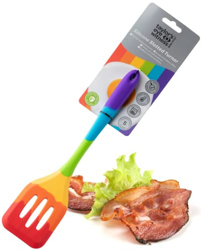 Taylors Eye Witness Large Silicone Rainbow Slotted Spatula - Dishwasher Safe. Perfect for Non-Stick Frying Pans. Slotted for Drainage. Odour, Stain & Heat Resistant (260°C/500°F). 5 Year Guarantee