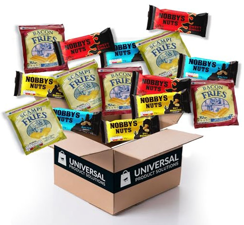 Pub Snack Custom Case, Pick 2 from 5 Choices. Smith's Bacon Fries, Scampi Fries | Nobby's Sweet Chilli, Salted and Dry Roasted Nuts.