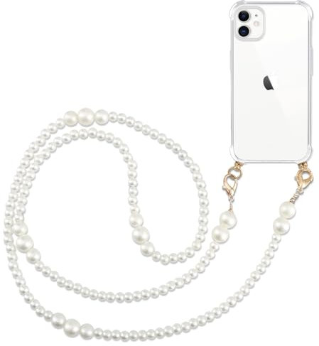 Pnakqil Handykette mit Perlenkette für iPhone 11 6.1 Hülle Schultergurt mit Band zum Umhängen Schnur Handyhülle Kette Handy Umhängeband Transparent TPU Herz Silikon Case,Beige