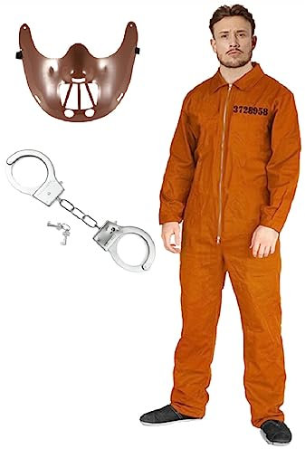 Men's Orange Prisoner Overalls Boiler Suit with Hannibal Mask & Handcuffs Convict Robber Burglar Prison Jail Fancy Dress Costume Outfit (M)