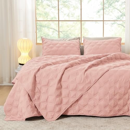 Litanika Set di biancheria da letto trapunta king size oversize, 305x305 cm, super king size, piumone rosa cipria, copriletti leggeri, coperta da letto boho decorativa per tutte le stagioni, 3 pezzi