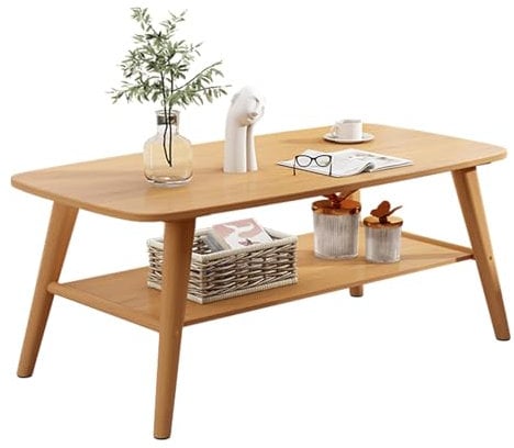 Massivholz-Couchtisch - 2-stöckiger moderner Couchtisch - Natürliches Eichenholz mit Ablagefläche und offener Tischplatte - Rechteckiger Couchtisch für Wohnzimmer Wohnung Büro, einfache Montage ( Colo