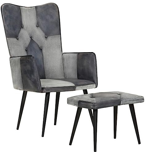 DYRJDJWIDHW Sessel,stillsessel,schaukelstuhl Wohnzimmer,Sessel mit Hocker Grau Echtleder und Canvaspapasansessel,relaxliege,Rocking Chair,stillstuhl,