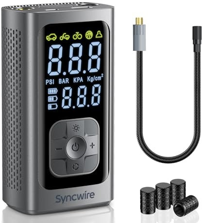 Syncwire Compressore Aria Portatile 10.35BAR Gonfiaggio Più veloce Compressore d'aria Pompa per Pneumatici Car Inflator per Auto, Biciclette, Motociclette, Palloni, con Tappi per Valvola Pneumatici