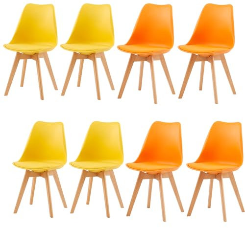 H.J WeDoo 8er Set Skandinavische Esszimmerstühle, Design Küchenstühle mit Kissen, Massives Buchenholz,4Gelb + 4Orange