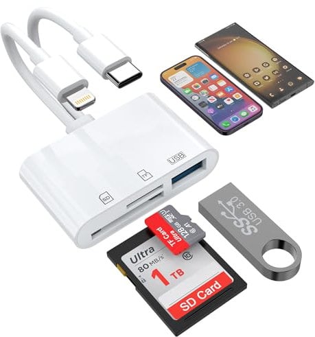 Lecteur de Carte SD 3 en 2, Lightning+Connecteur USB C vers Adaptateur USB SD TF Mémoire Micro SDXC,Micro SDHC, SDXC, SDHC, SD Karten,USB Disk, Kamera, Maus, für iPhone15/iPad/MacBook/Samsung