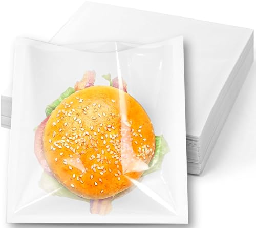 Clearly 100 White Paper Bags 8.5x8.5 inch (22x22 cm) with Clear Window Film Front, Cellophane, Sandwich, Bakery Bag for Cookies Packaging, Party Sweets, Cakes, Takeaway Food