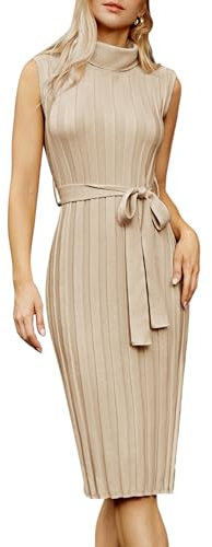 GRACE KARIN Damen Elegantes Strickkleid Ärmelloses Figurbetontes Business Bleistiftkleid Rollkragen Seitenschlitz Herbstkleid mit Gürtel Aprikose L