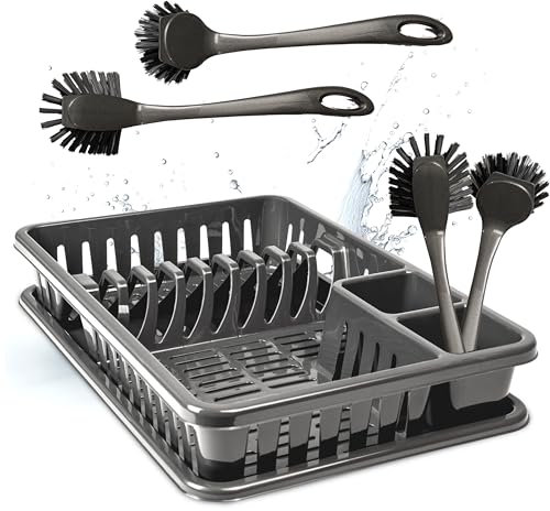 Hausfelder Geschirrabtropfkorb 2er Set Abtropfgestell Geschirr und Auffangschale + 4 x Spülbürsten (Vorteilspack mit Geschirrbürsten (SpaceBlack))