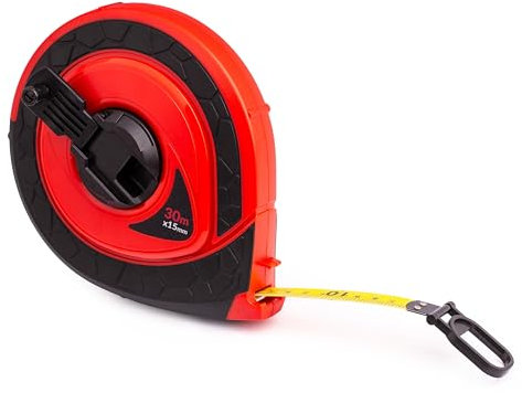 MIVOS Mètre ruban 30m - Mètre robuste - Manivelle pliable - Mètre enrouleur - Fibre de verre - Entraînement rapide du ruban - Inserts caoutchoutés antidérapants - Boîtier plastique ABS