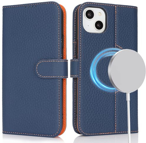 ELTEKER Handyhülle für iPhone 15 Hülle [Echtes Leder] Klapphülle Schutzhülle Flip Case - Dunkelblau