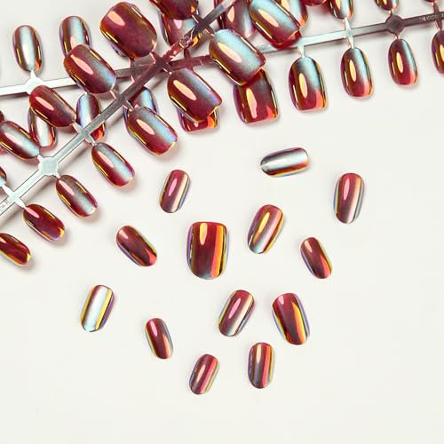 Lot de 72 faux ongles chromés œil de chat à presser courts ovales rouges holographiques en gel acrylique