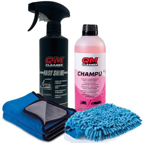 QM Cleaner Kit di Pulizia e Lucidatura per Carrozzeria Auto e Moto | Kit esterno Include Shampoo Concentrato 500ml, Cera Liquida di Carnauba 500 ml, 1 Guanto e 2 Panni in Microfibra
