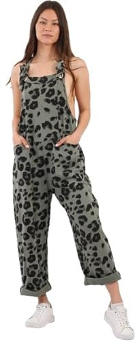 Made In Italy Leopard Print Deep Square Neck Cotton Lagenlook Dungaree Khaki One Size (UK 18-22)