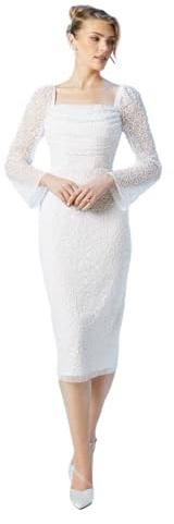 Coast Women’s All-Over Sequin Embellished Flare Long Sleeve Wedding Midi Dress, Midi Length, Sequin Embellished, Spring Summer, Wedding Guest Ivory
