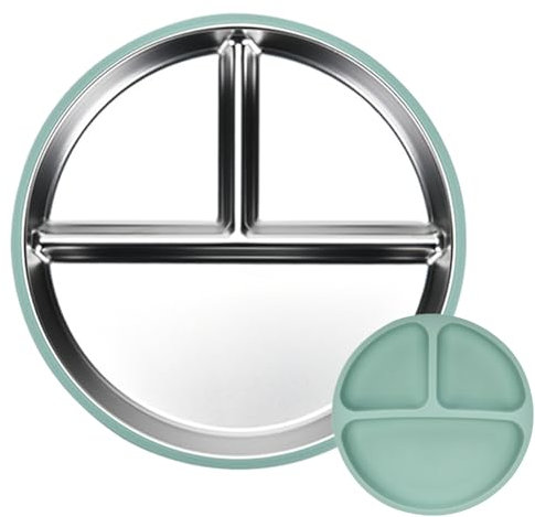 Humkopnl Stainless Steel Kids Plates, Three Compartments Divided Toddler Plates, Non-Stick Divided Serving Tray, Metal Kids Dinnerware, with Silicone Suction Base, for Veggies, Fruits, and Meat