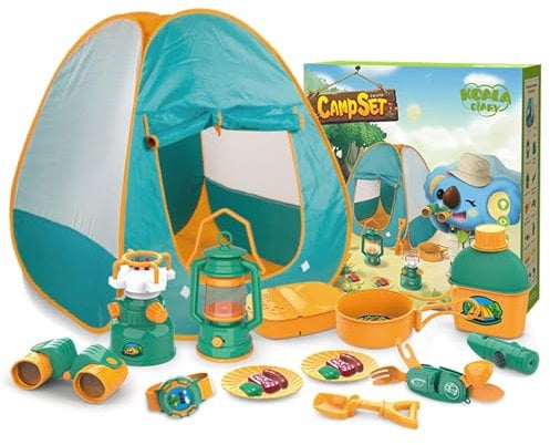 Kids Pretend Play Set, Play Tent Pop up Playhouse for Kids, Set of 21 Includes Pop Up Play Tent Camping Gear Tools Adventure Kit, Educational Toy for Children Aged 3-6, for Outdoor Role Play
