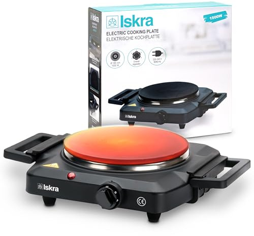 Iskra Kochplatte 1er, Thermostat, Ø 185 mm elektrische Kochplatte, Anti-Rutsch-Füße, 1500 W, für Camping, Büro & kleine Küchen