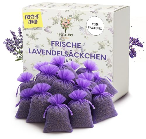 Strauss Home Lavendelsäckchen – Natürlicher Mottenschutz & Duftbeutel mit 9g Getrocknetem Lavendel Pro Säckchen | für Kleiderschrank, Bettwäsche, Kissen, Reisen & Besseren Schlaf (20 Stück)