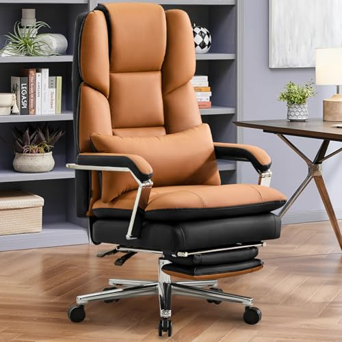 Ckaff Ergonomischer Bürostuhl, Chefsessel aus PU-Leder, Bürostuhl mit Fußstütze und Lendenwirbelstütze, neigbarer drehbarer Schreibtischstuhl mit verstellbarer Höhe 200kg, Braun