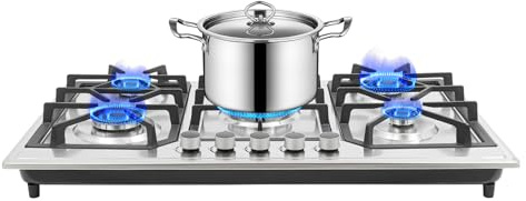 Plaque de cuisson à gaz 5 flammes, 86 x 51 x 12 cm, plaque à gaz avec protection automatique de la flamme, cuisinière à gaz pour maison et camping-car en acier inoxydable GPL (20Y)/cuisinière à gaz