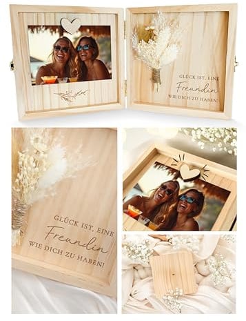 Joli Coon Freundin Geschenk, Holzbox, 14 x 14 x 3 cm | Echte Trockenblumen, Magnet für Foto, Glück ist es eine Freundin wie Dich zu haben, als Erinnerungsbox aufstellbar