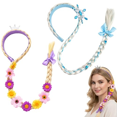 2 Stück Prinzessin Perücke Lange Zöpfe Haarreif, Frauen Haarteil | Blau Schneeflocken und Llila Blume Langhaar Zopf Kopfbänder, Haarschmuck für Mottoparty Verkleidungsspiele Karneval