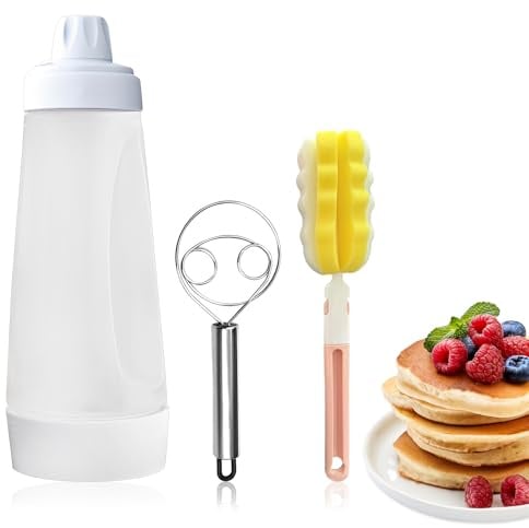 NYOSLB Pancake Batter Dispenser Bottle, Pancake Dispenser with Cleaning Brush and Hand Whisk Easy Squeeze Batter Mixer Bottle for Cupcake Pancakes Waffle Crepe