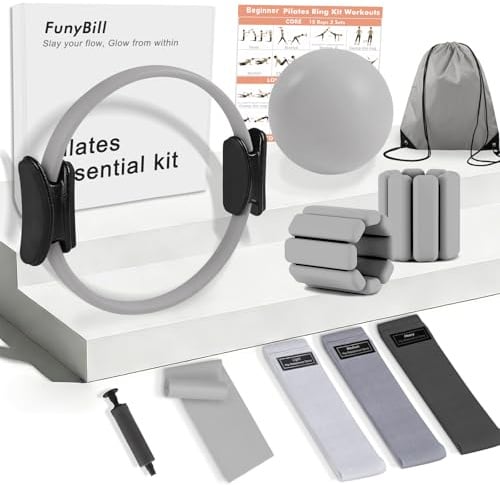 FunyBill Pilates-Ring-Set, Pilates-Ausrüstung für das Heimtraining mit 35cm großem Magic Circle, Knöchel- und Handgelenkgewichten, Widerstandsbändern, für Anfänger geeignet, tolles Geschenk für Frauen