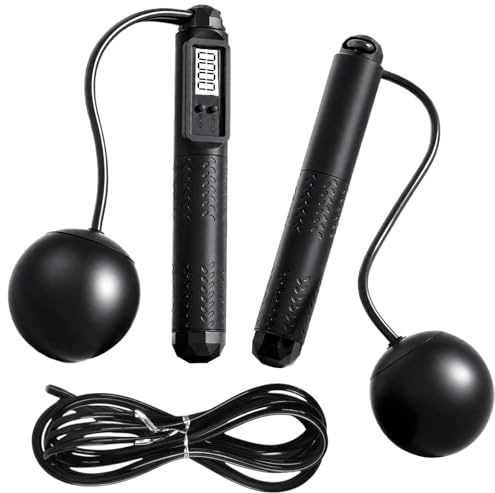 Black Smart Cordless Skipping Rope for Adults, Ropeless Jump Rope with Counter and Display, Adjustable Weighted skipping rope with Gravity Ball and Steel Wire for Home Fitness Workouts