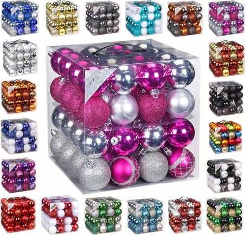 64x Kunststoff Christbaumkugeln Ø 6cm Kugel Box Glanz Glitzer Matt , Weihnachten, Dekor Inge inkl. Aufhänger, Farbe:Pink-Silber