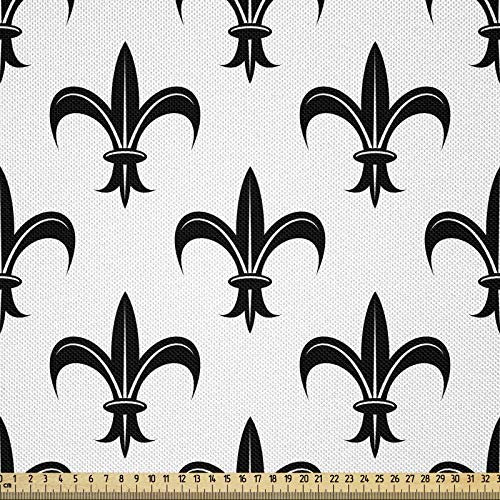 ABAKUHAUS Fleur De Lis Stoff als Meterware, Schwarze königliche Lilie, Seidiger Satin Stoff Zum benähen von Heimtextilien, 2M (148x200cm), Weiß und Schwarz
