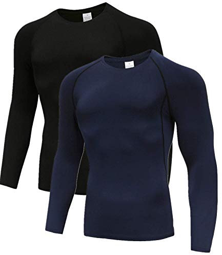 Holure Mens 2 Pack Base Layers Tops, Long Sleeve Gym Running Workout T Shirts for Men Black/Navy03-M