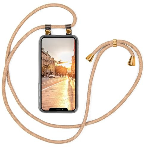 moex Handykette für iPhone 12 Pro Max Hülle mit Band abnehmbar, Handyhülle mit Kette zum Umhängen, Handyband 155 cm lang Stoff Kordel Umhängehülle, Handy Umhängeband, Gold