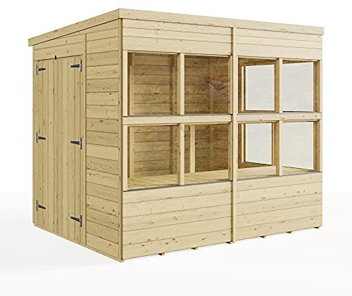BillyOh 8x6 Pressure Treated Pent Potting Shed and Wooden Greenhouse Combo with Shelving, Shatterproof Glazing & Weatherproof Roof Felt for Garden Storage Shed & Plant Growing Green House for Garden