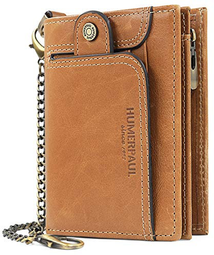 HNOOM Geldbörse Herren Echtem Leder Geldbeutel RFID Schutz Geldbörse mit Kette Männer Portmonee mit Reißverschluss Münzfach Portemonnaie 14 Kartenfächern Brieftasche für Herren Geschenkbox (Braun)