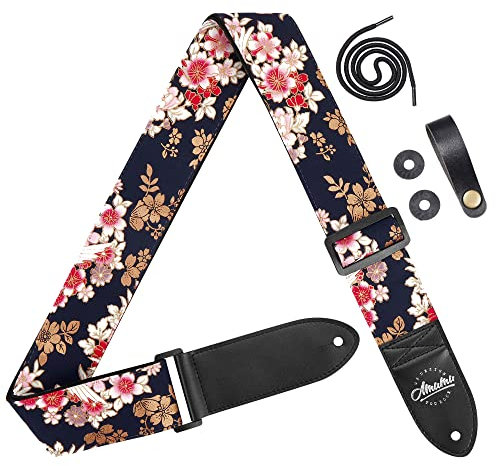 AMUMU Gitarrengurt – 5cm Pfingstrosen- und Kranichmuster – Mikrofaserkunstleder-Enden – Für Akustik-, E- und Bassgitarren – Verstellbar von 92 bis 160 cm