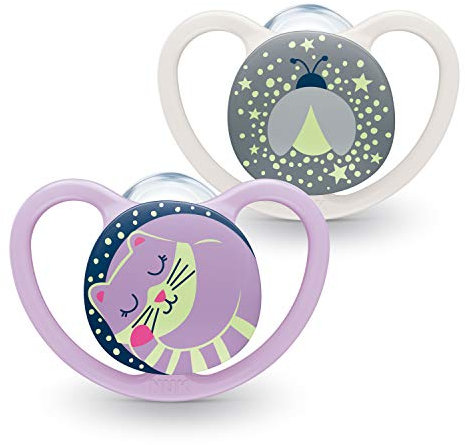 NUK Space Night Baby Dummy, 0-6 Months, Glow-in-the-Dark Soothers with Extra Ventilation, BPA-Free Silicone, Cat & Firefly, 2 Count