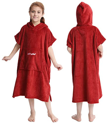 Hiturbo Kinder Wickelmantel, Handtuch Poncho Bademantel Robe mit Kapuze, für Strand, Schwimmen, Surfen, Zu Hause, Rot
