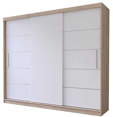 Fabryka Mebli Idźczak Kleiderschrank, Wohnzimmerschrank - Weiß, Sonoma Schwebetürenschrank, Schlafzimmerschrank - 61 x 250 x 218 cm - Schrank für Schlafzimmer, Wohnzimmer, Garderobe, modern