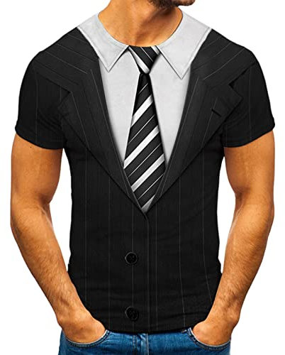 Herren Fun-Shirt mit Anzug Schlips Krawatte Aufgedruckt, Gefälschter Zweiteiliger Druck T-Shirt Kurzarm Rundhals Hippie Tee Shirt Slim Fit Muskelshirt Crew Neck Kurzarmshirt Streetwear