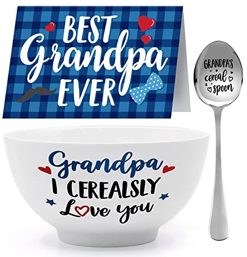 Grandpa Gift Cereal Bowl and Cereal Killer Spoon Set with Best Dad Ever Card Birthday Grandfather's Retirement Christmas Engraved Basket from Granddaughter Grandson Set of 3 Thanksgiving Present