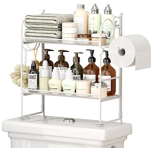 EKNITEY Flolding Over Toilet Storage - No Assembly Bathroom Organizer Shelf Above Toilet Storage Rack with Hooks and Paper Holder 2 Tier (White)