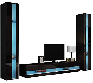 Mirjan24 Wohnwand Vigo New III, Anbauwand, Design Mediawand, Modernes Wohnzimmer Set, Hängeschrank, Vitrine, TV Lowboard (mit Blauer LED Beleuchtung, Schwarz/Schwarz Hochglanz.)