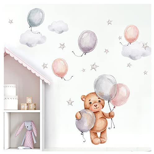Little Deco Wandtattoo Bär und Luftballons Wandsticker für Babyzimmer Teddybär Kinderzimmer Wandaufkleber Schlafzimmer Wanddeko DL871-7
