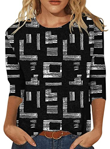 Bluse Damen Elegant Damen T-Shirt 3/4 Arm Oberteile Tops Bunte Blumenmuster Druck Tunika Shirt Lose Rundhals Sommershirts Mode Damenblusen Langarm Blumen Bluse Tshirt